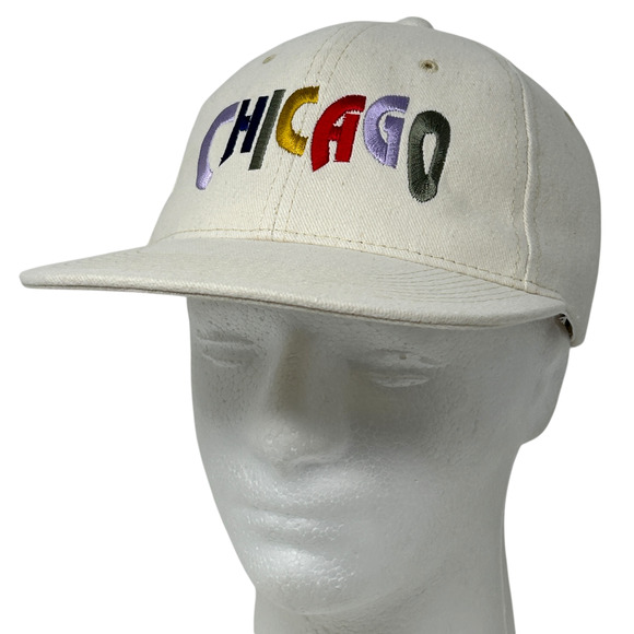 Vintage Chicago Hat Cap Ivory 90s Travel Tourist Tourism Snapback 6 Panel Kudzu - Picture 1 of 9